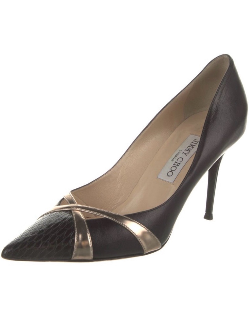 Jimmy Choo Black and Gold Cross-Strap Pointed Toe Pump